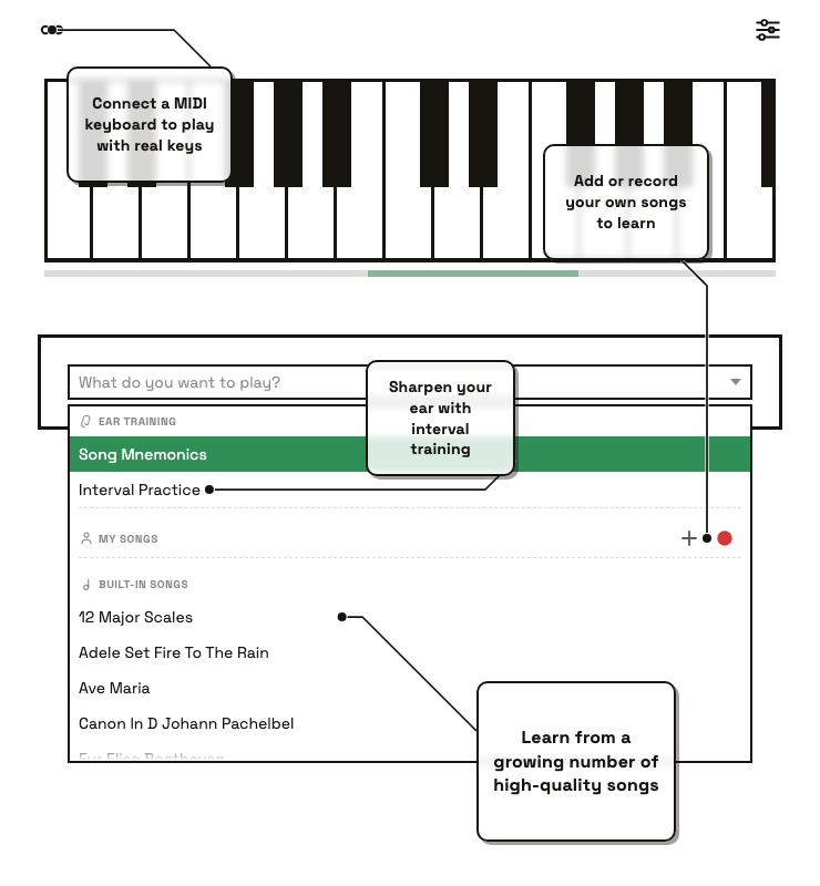 Choosing a song from KeyEar's built-in catalog and your own imported songs