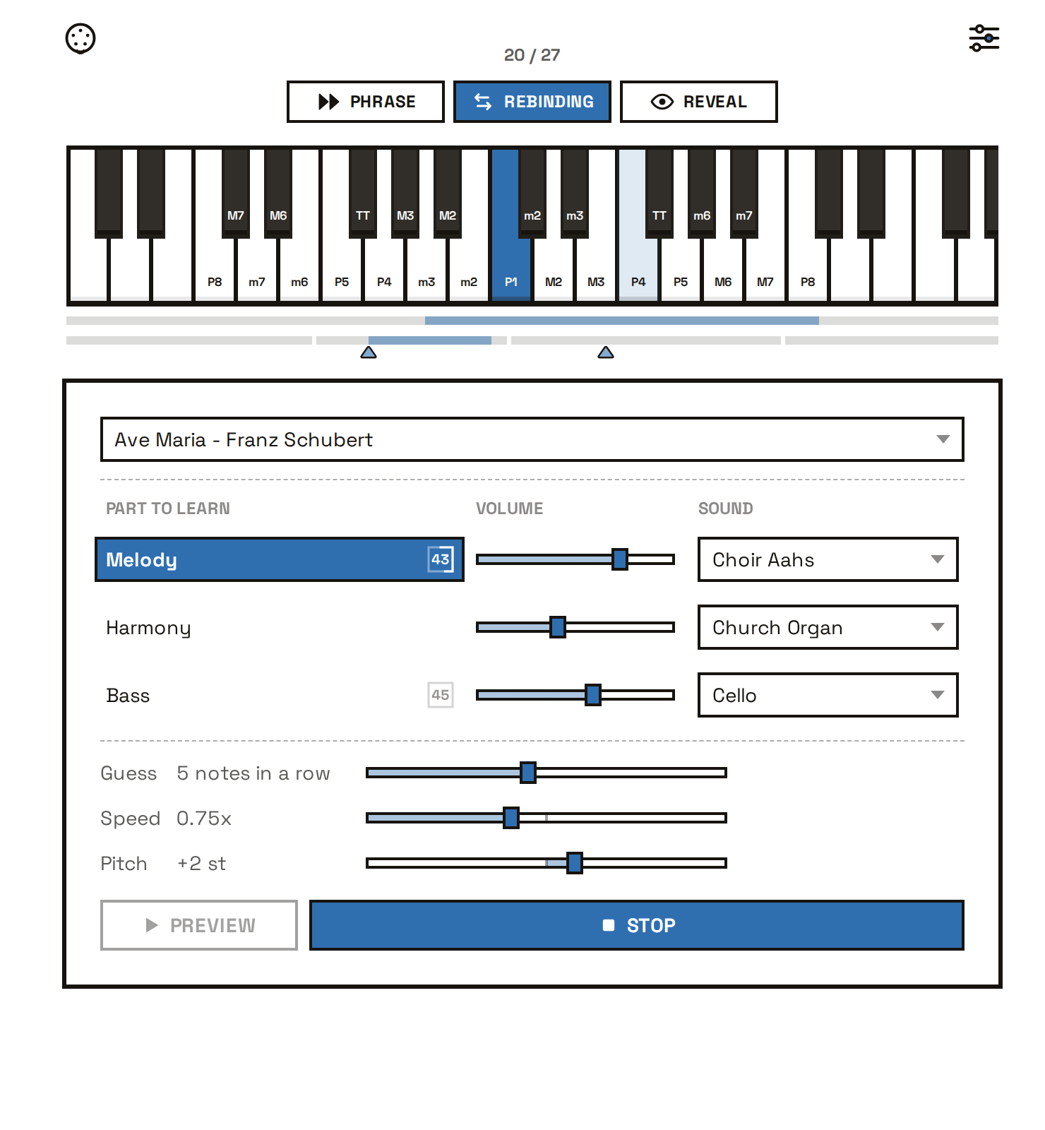A Learn session on Ave Maria, with each part's volume and instrument, and the speed, pitch and guess-count sliders