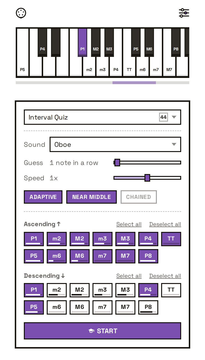 Interval ear-training mode, picking which intervals to practice