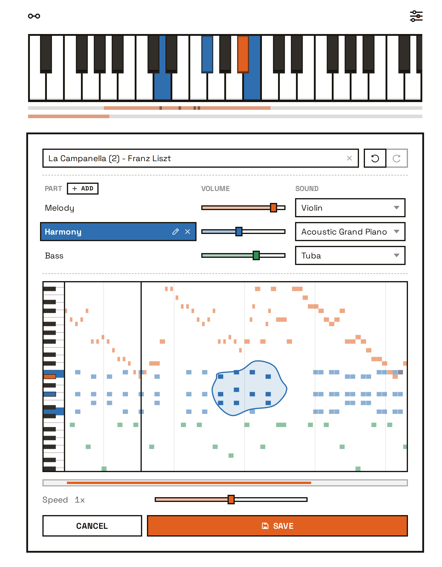 Edit tracks' note roll, repainting which notes belong to which part